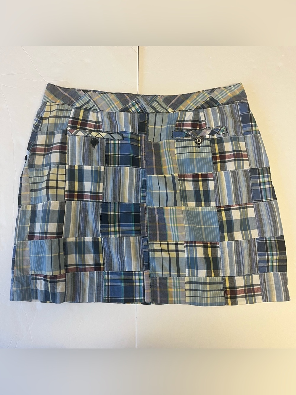 Vintage Y2K Larry Levine Preppy Mini Skirt Madras Blue Plaid Patchwork Cotton 10 - Picture 5 of 13